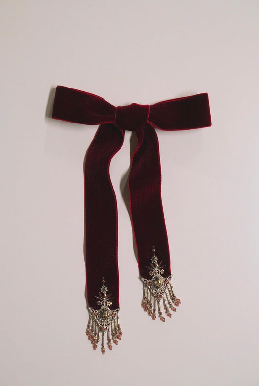 crystal silver tip velvet long ribbon Red【Stock】