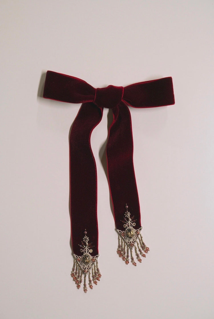 crystal silver tip velvet long ribbon Red【Delivery in March 2025】