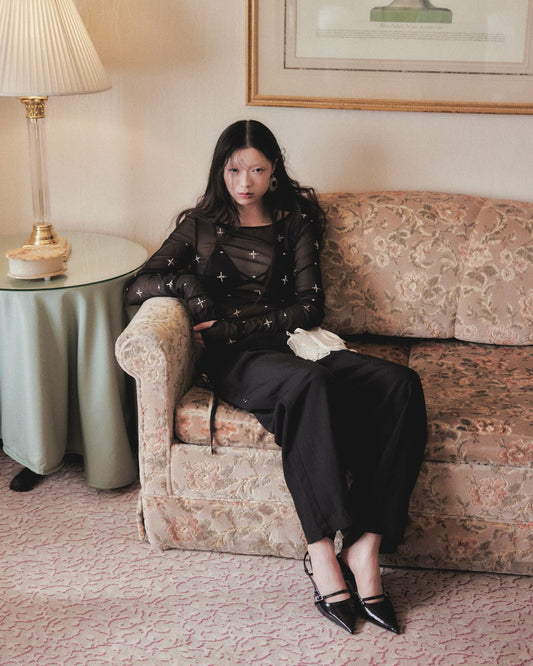 cross embroidery gather sleeve tops Black【Delivery in March 2026】