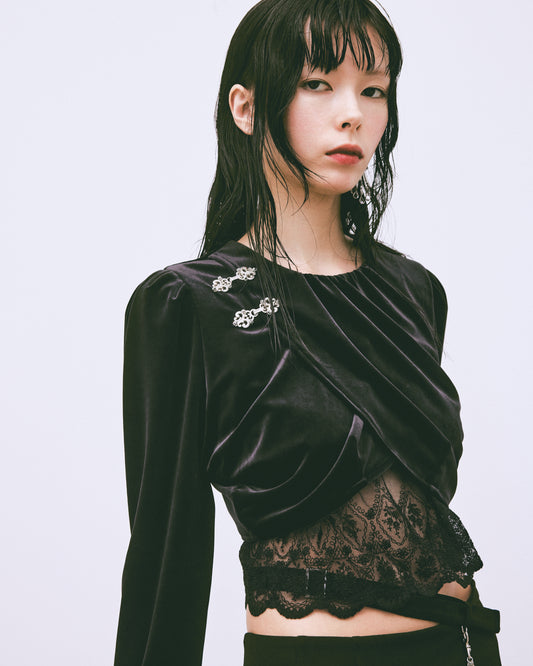 gather neck velour tops Black【Delivery in April 2025】