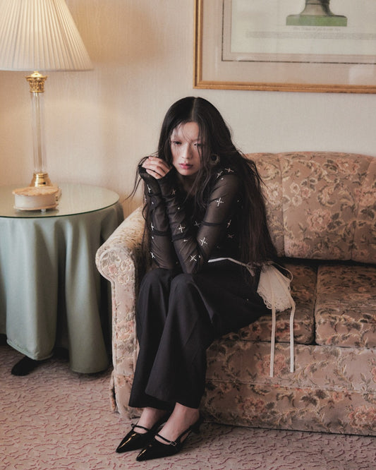 cross embroidery gather sleeve tops Black【Delivery in March 2026】