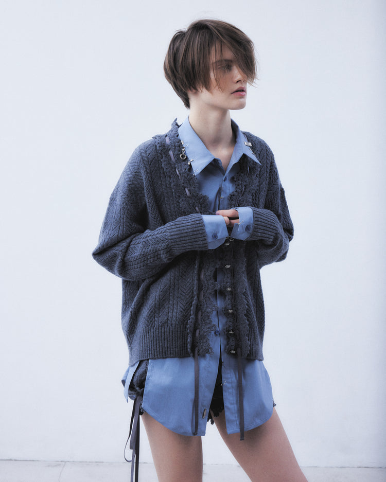 lace crochet knit ribbon cardigan Gray【Stock】