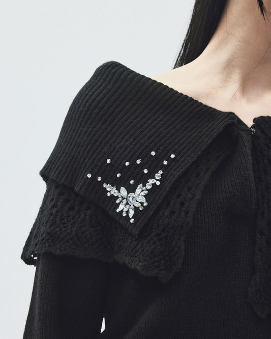 bijou tiara off-shoulder knit Black【Delivery in September 2025】