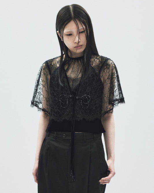 flower lace velvet ribbon cape Black【Delivery in November 2025】