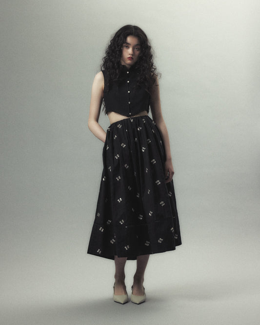 cherry embroidery long skirt Black【Delivery in September 2026】