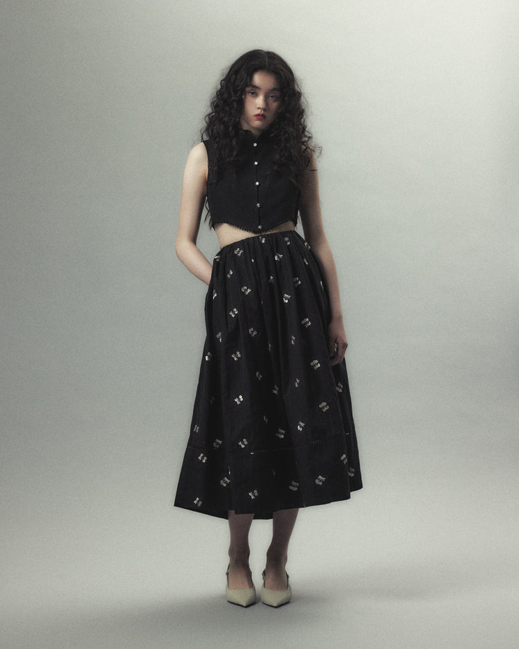 cherry embroidery long skirt Black【Delivery in September 2026】