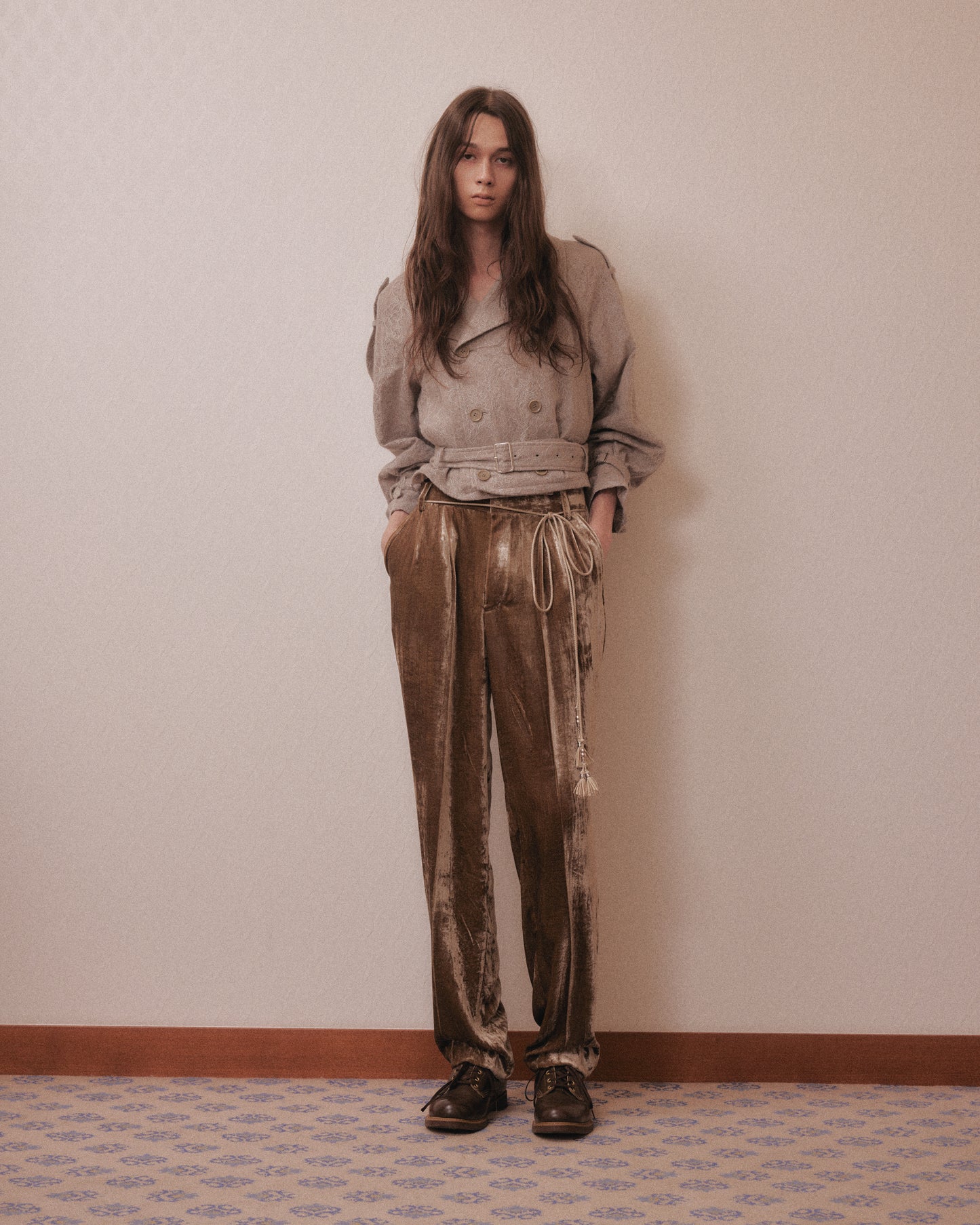 Leather patch panne velvet trousers mustard【Delivery in January 2027】