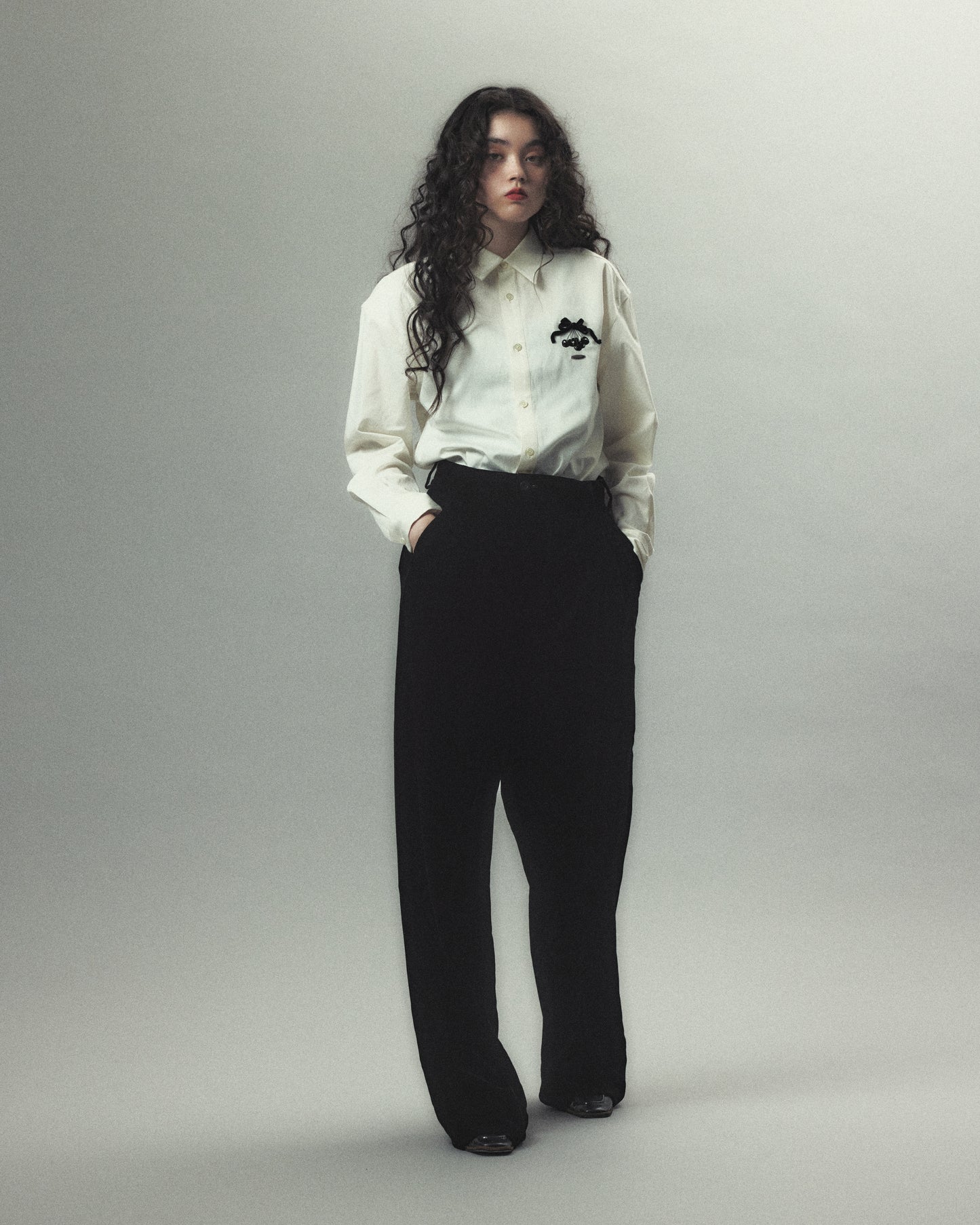 cherry tape ribbon long sleeve shirt White【Delivery in September 2026】