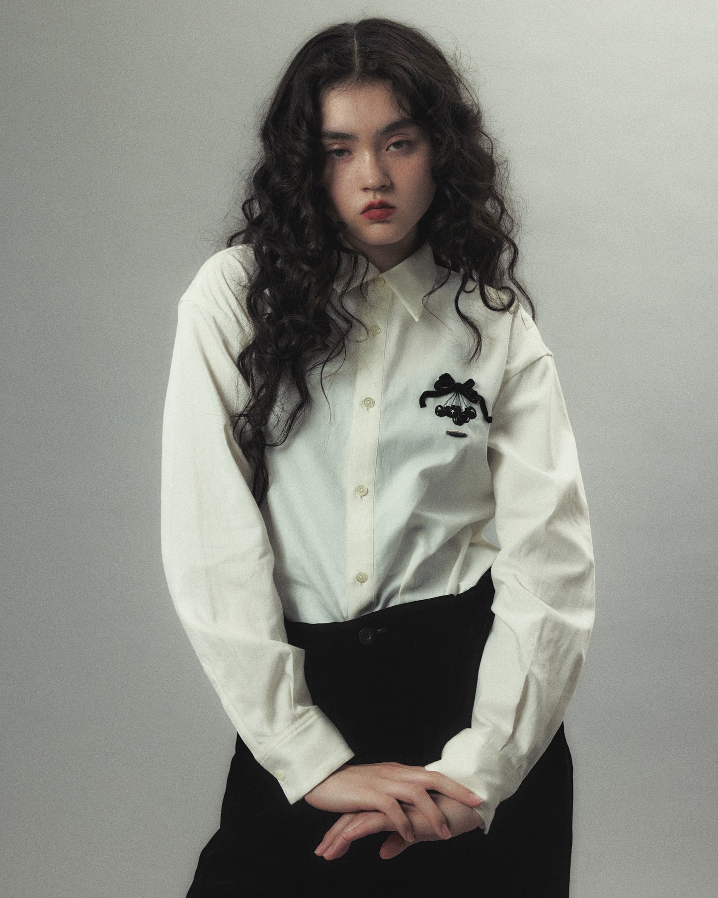 cherry tape ribbon long sleeve shirt White【Delivery in September 2026】