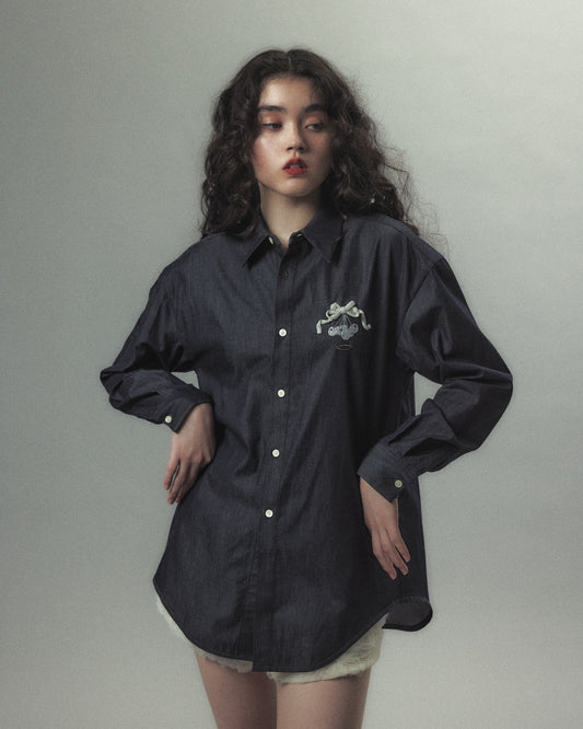 cherry tape ribbon long sleeve shirt Blue【Delivery in September 2026】