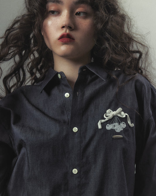 cherry tape ribbon long sleeve shirt Blue【Delivery in September 2026】