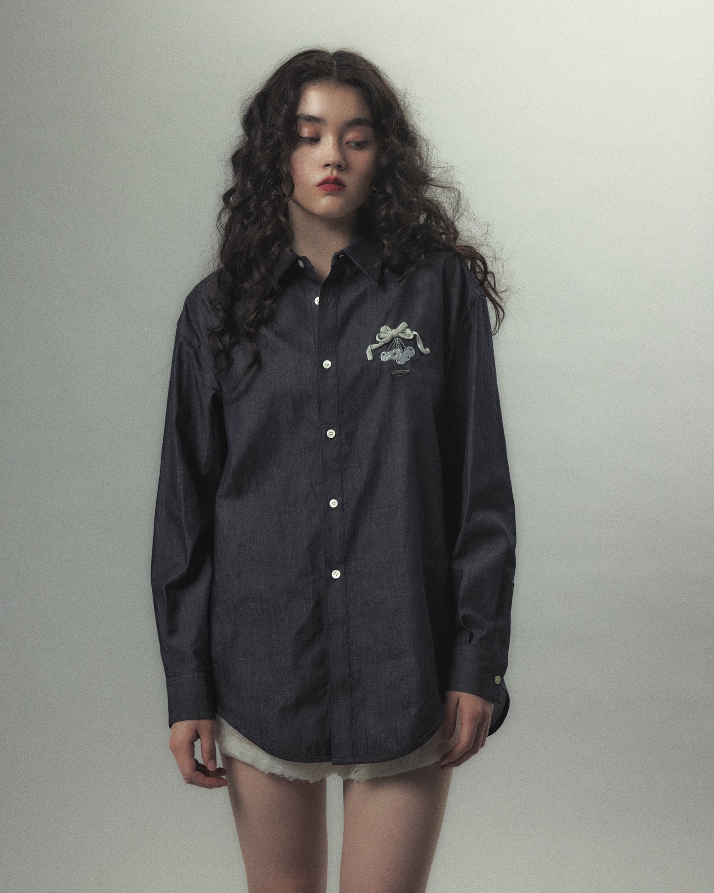 cherry tape ribbon long sleeve shirt Blue【Delivery in September 2026】