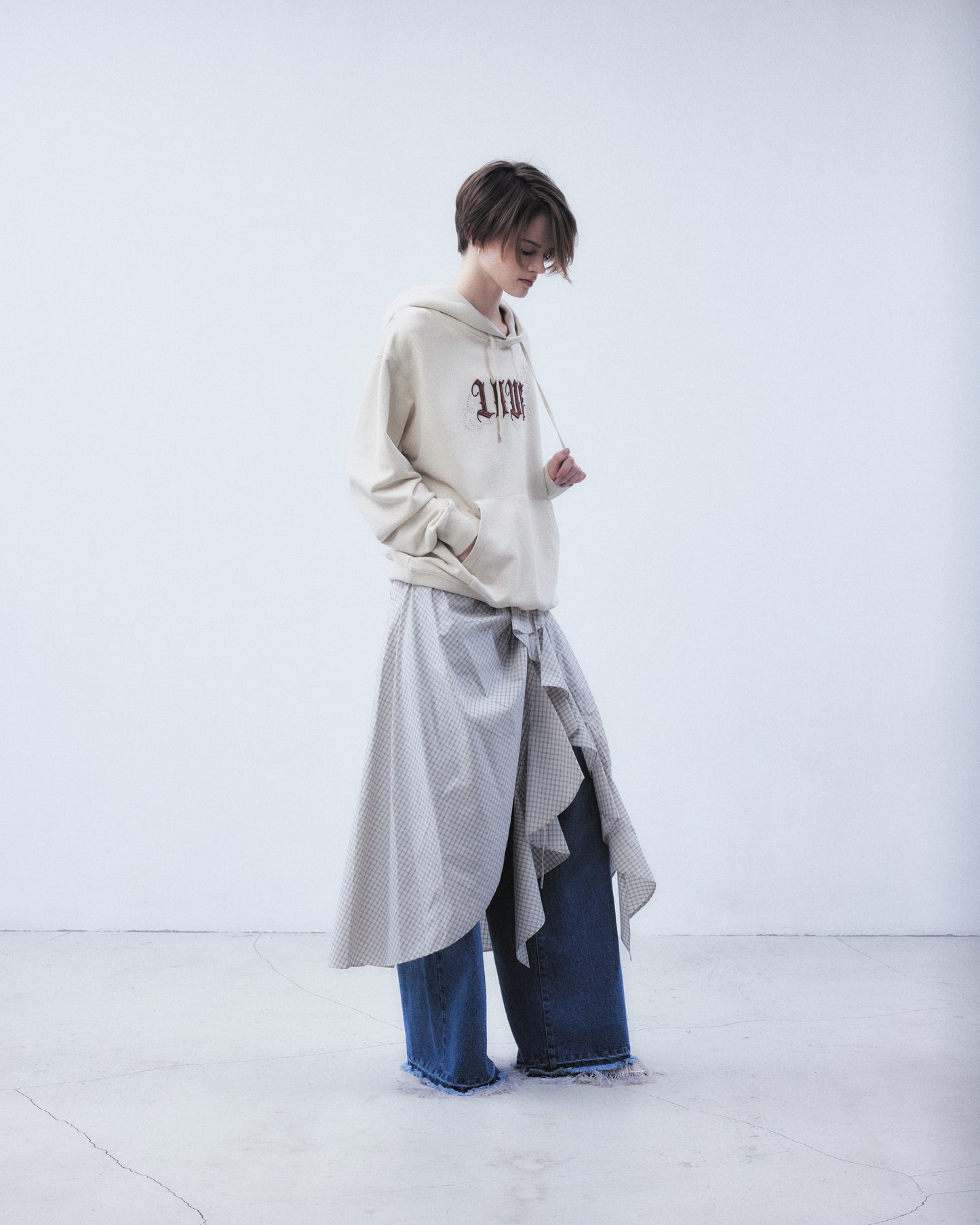 check frilled wrap skirt Ivory【stock】
