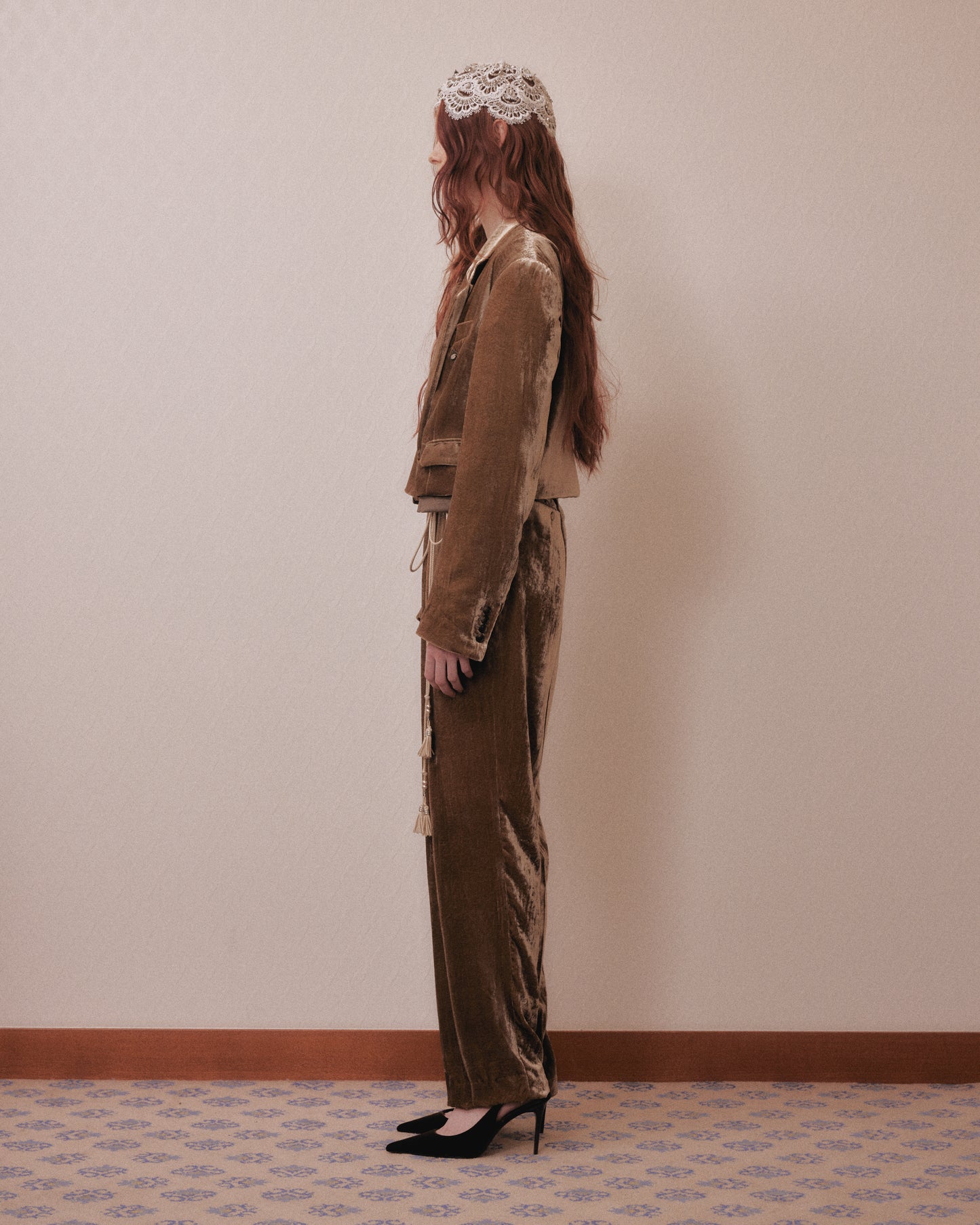 Leather patch panne velvet trousers mustard【Delivery in January 2027】