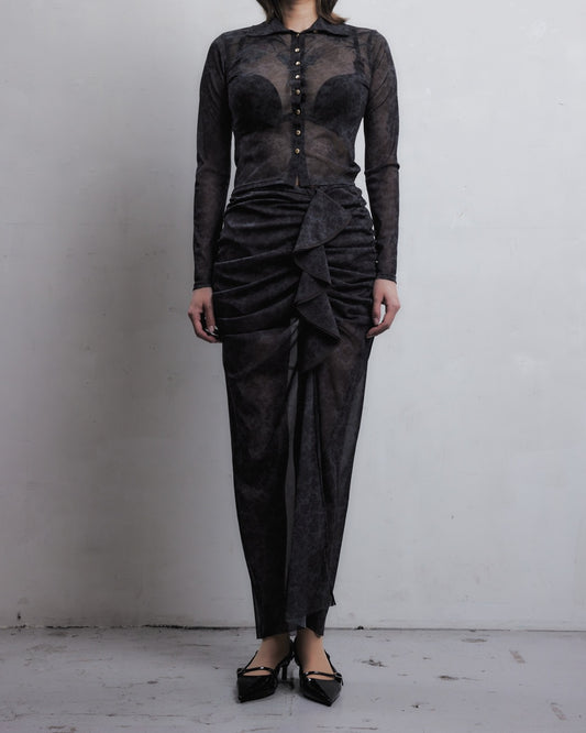 meteorite print tulle drape skirt Dark Green【Delivery in August 2026】