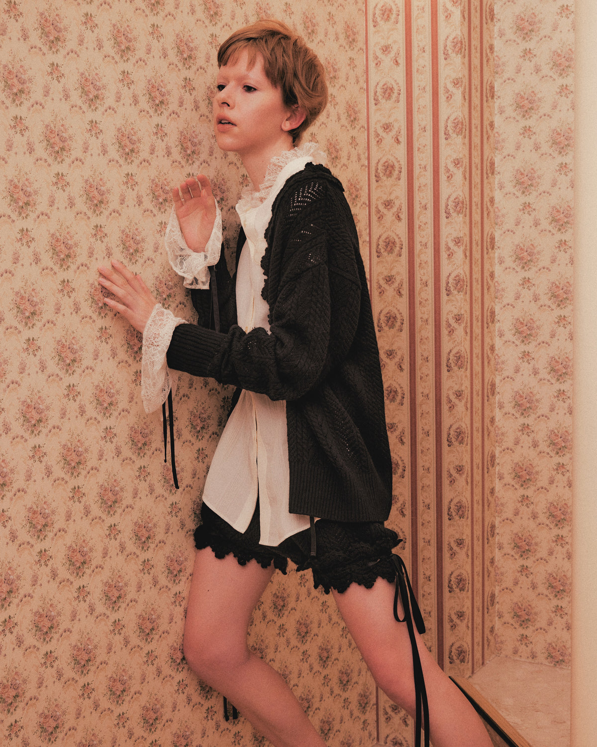 lace crochet knit ribbon cardigan Black【Stock】