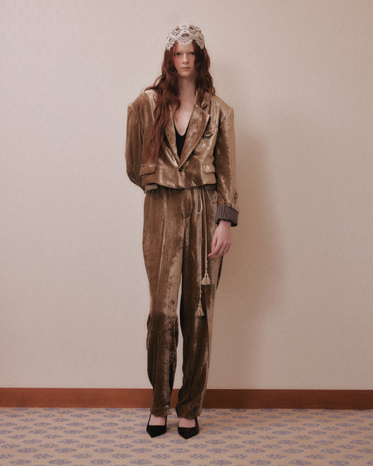 Leather patch panne velvet trousers mustard【Delivery in January 2027】