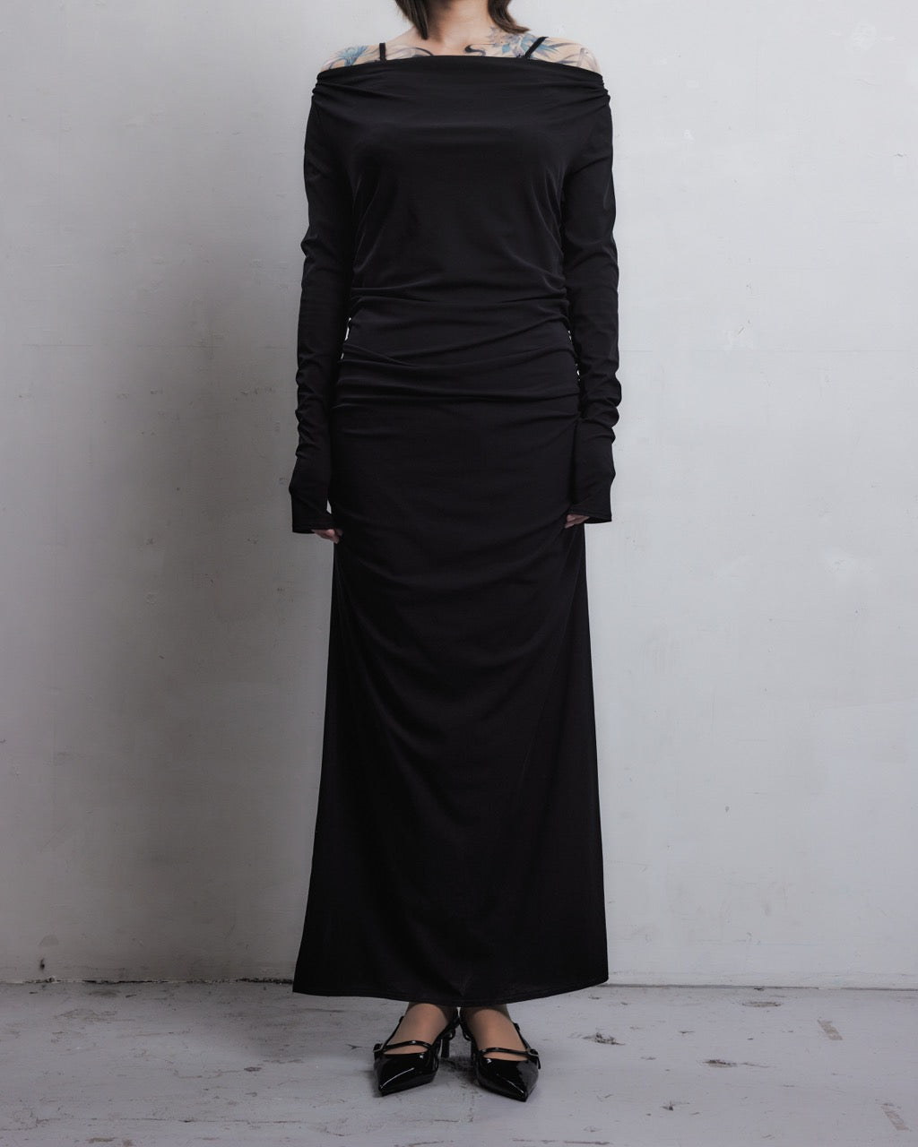 lace layered drape jersey dress Black【Delivery in July 2026】