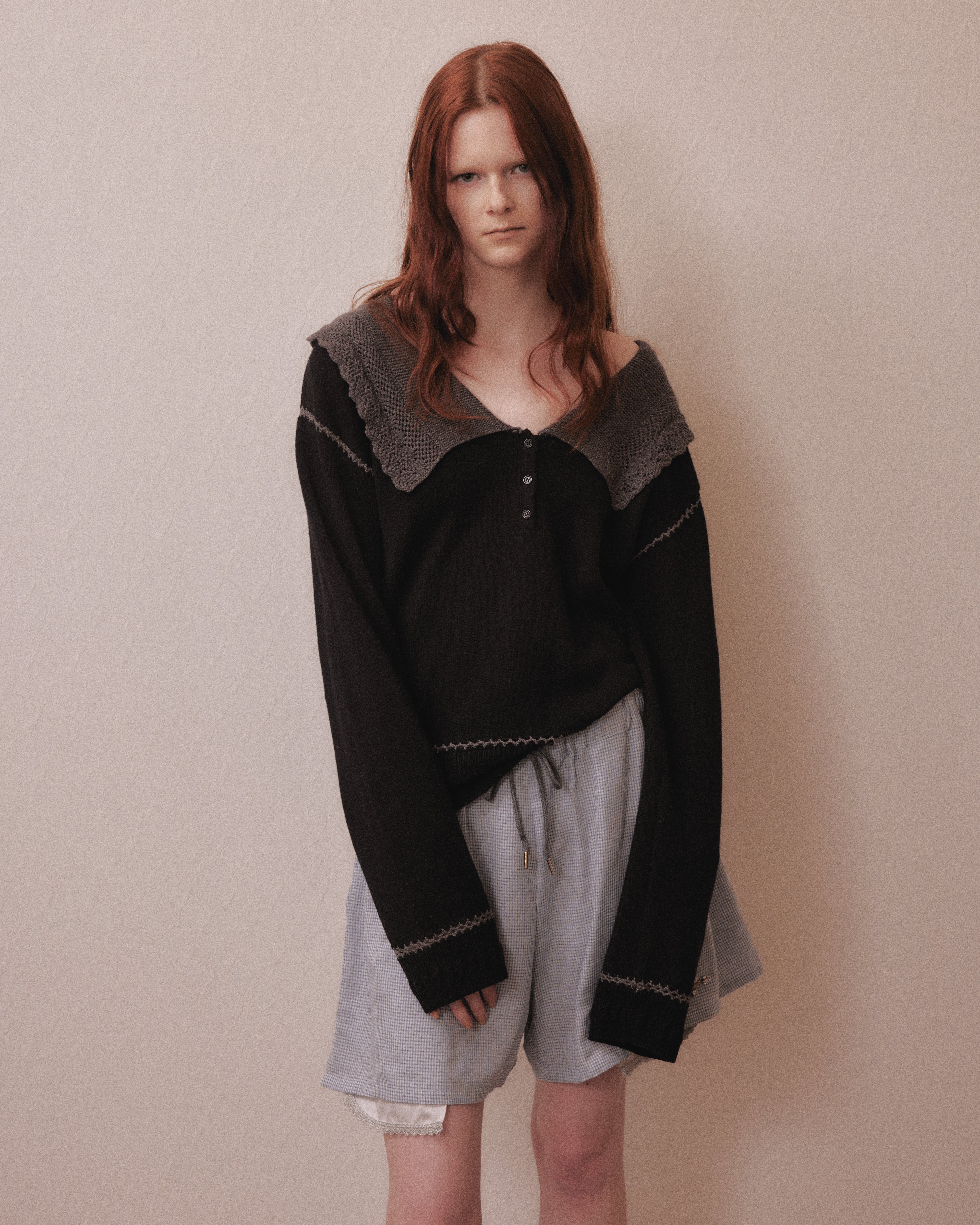 tanakadaisuke(タナカダイスケ)|ニット|Lace collar knit pulover Black