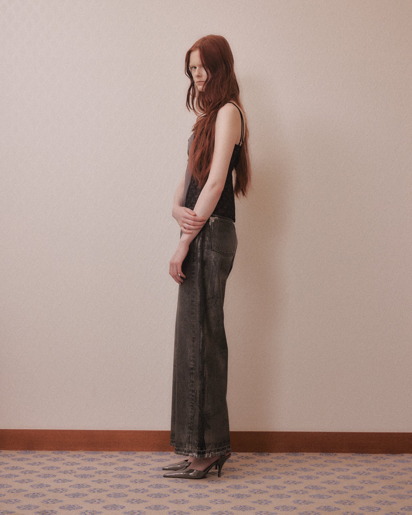 Silver foil print ornament denim pants Black【Delivery in February 2027】
