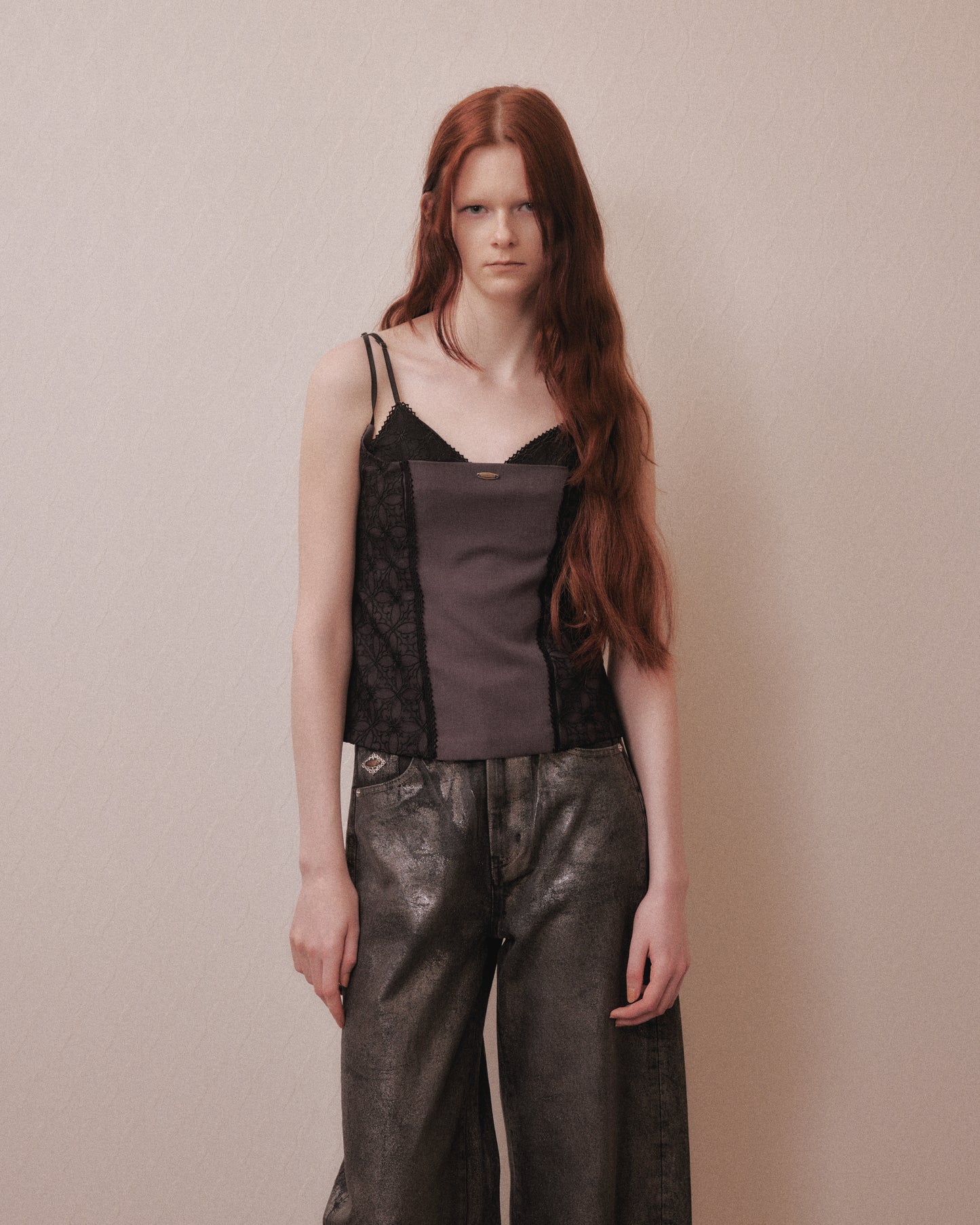 Silver foil print ornament denim pants Black【Delivery in February 2027】