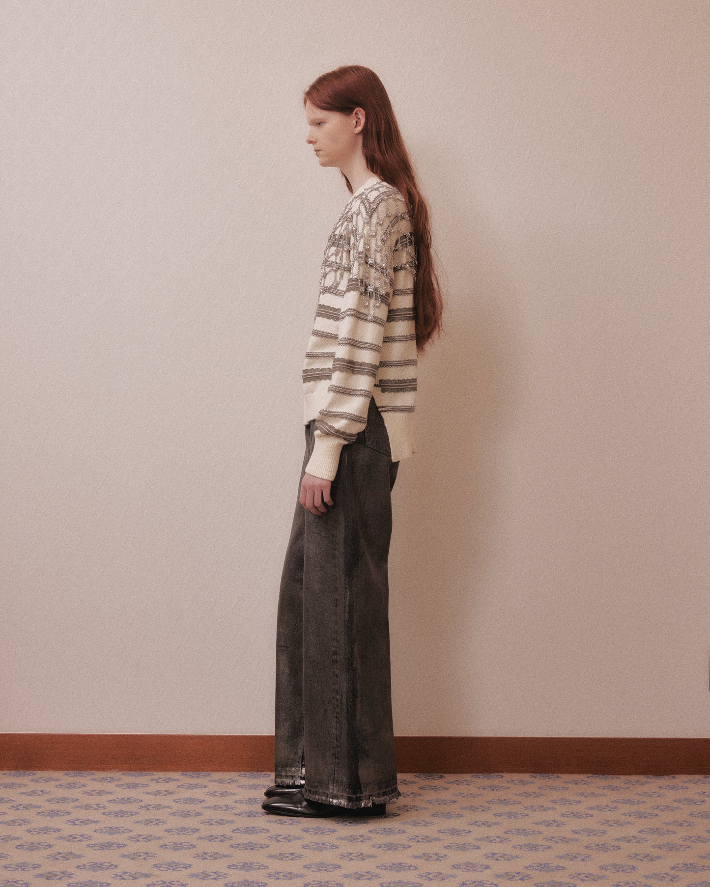 Silver foil print ornament denim pants Black【Delivery in February 2027】