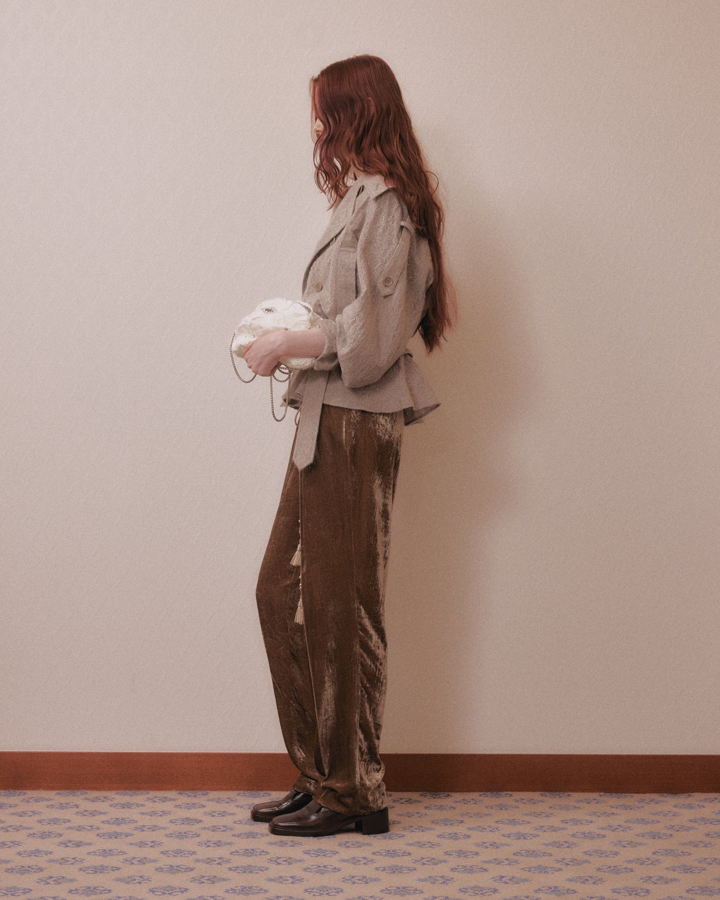 Leather patch panne velvet trousers mustard【Delivery in January 2027】