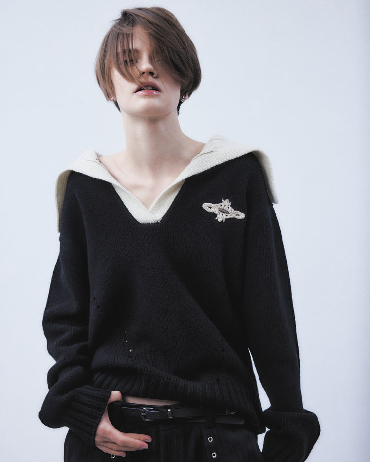 big collar knit pullover Black【Stock】