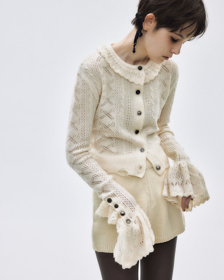 ribbon pattern frilled sleeve knit cardigan Ivory 【stock】