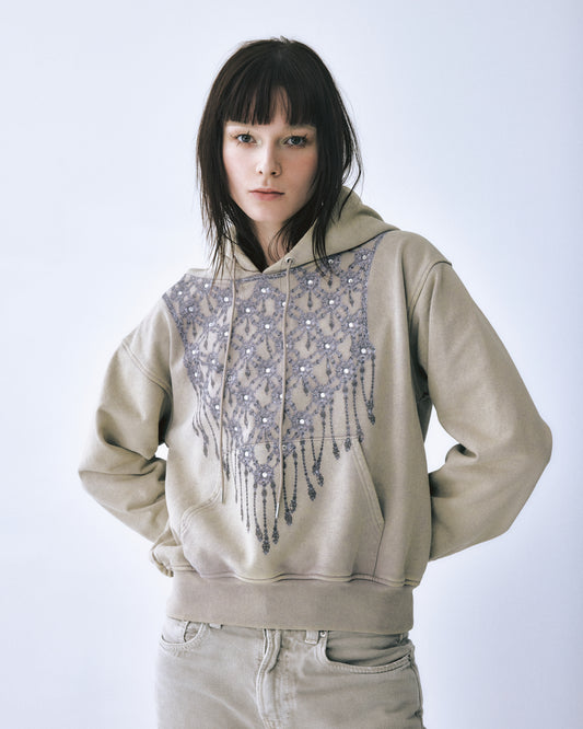 【STUDIOUS Special item】rhombus metal print bijou hoodie Beige【Stock】