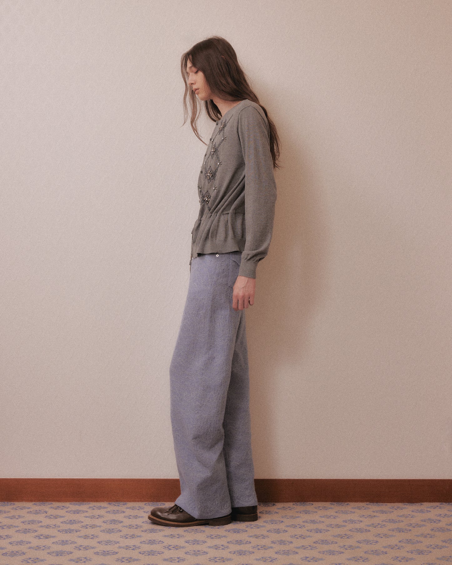 Lace argyle bijou knit  cardigan Gray【Delivery in February 2027】