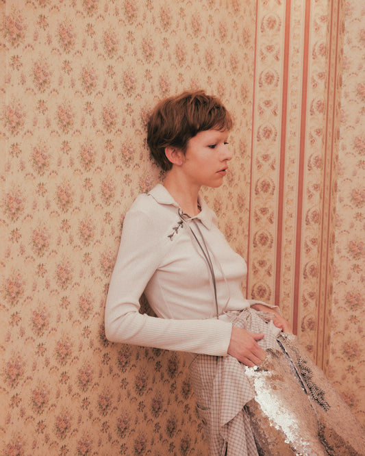 tanakadaisuke double ribbon lace up rib tops Stone white トップス