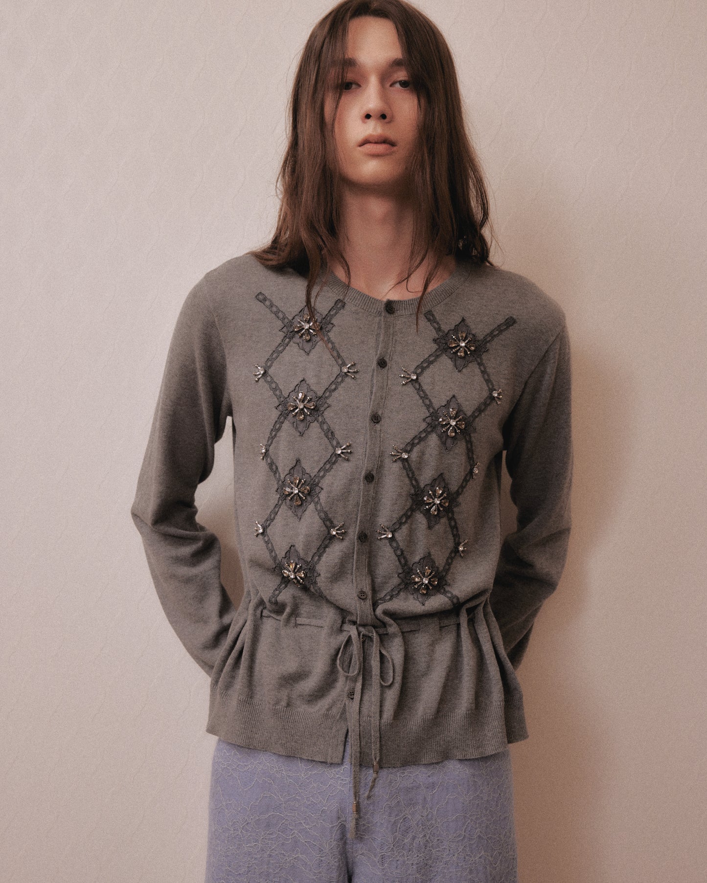 Lace argyle bijou knit  cardigan Gray【Delivery in February 2027】