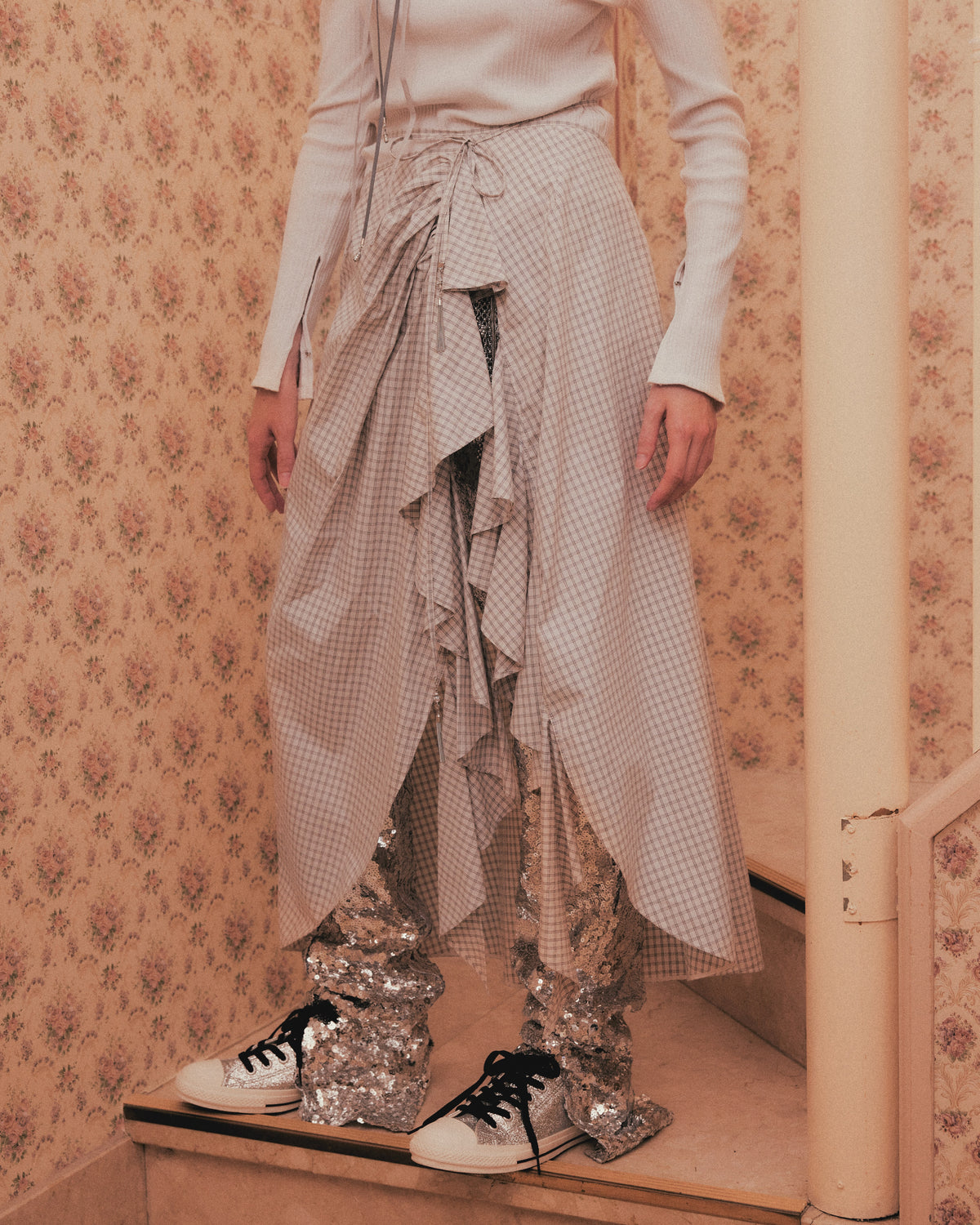 check frilled wrap skirt Ivory【stock】