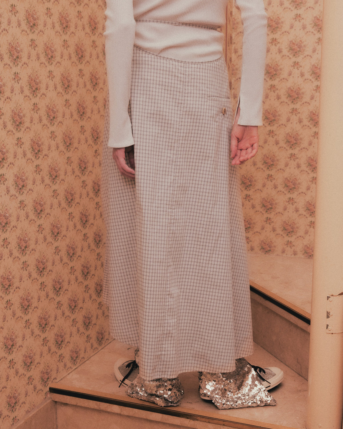 check frilled wrap skirt Ivory【stock】