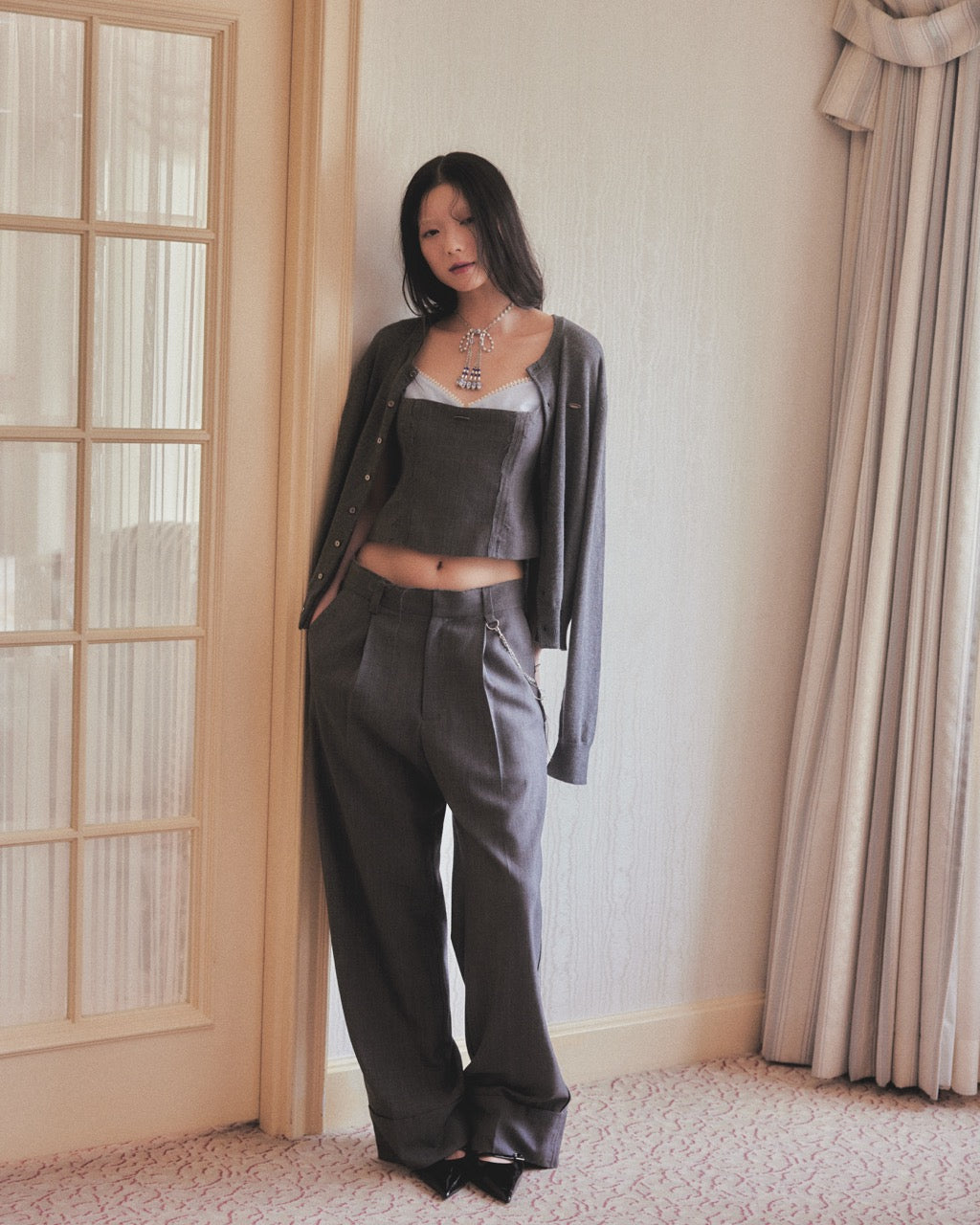 seam frayed dropped chain pants Gray【Delivery in February 2026】