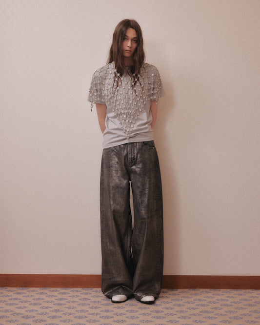 Silver foil print ornament denim pants Black【Delivery in February 2027】