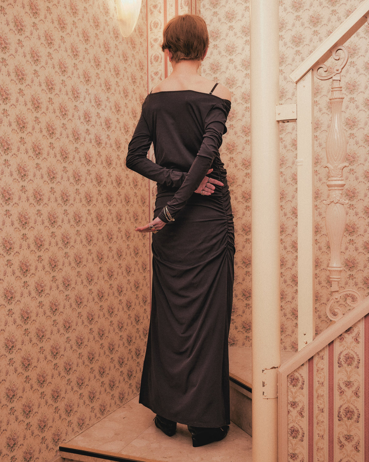tanakadaisuke lace layered drape jersey dress Brown ドレス