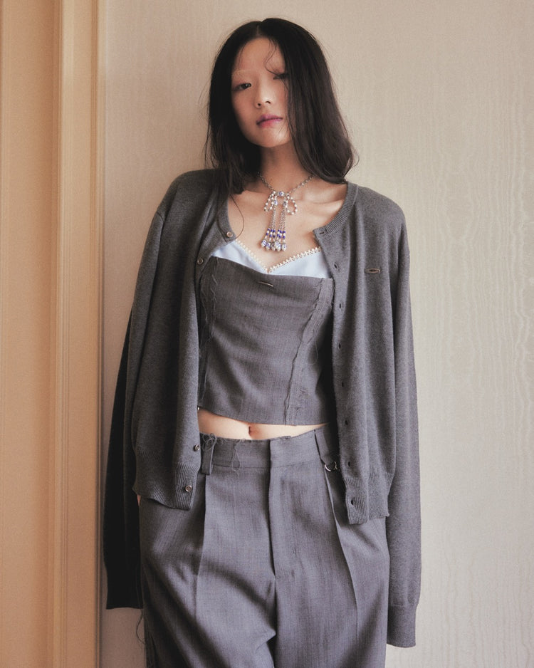 seam frayed bustier tops Gray【stock】