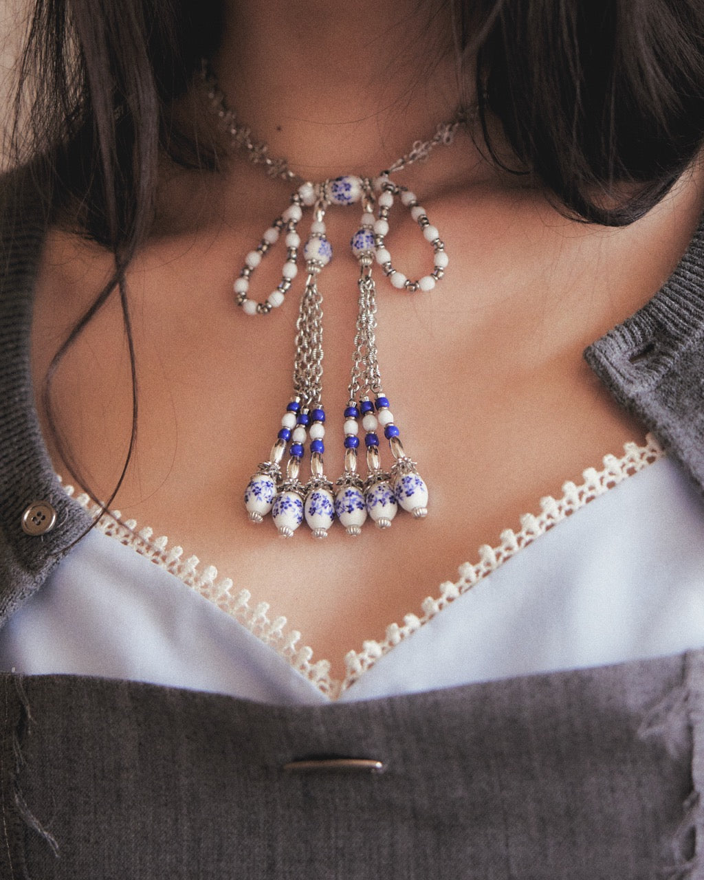 blue and white porcelain ribbon chain necklace 【Delivery in March 2026】