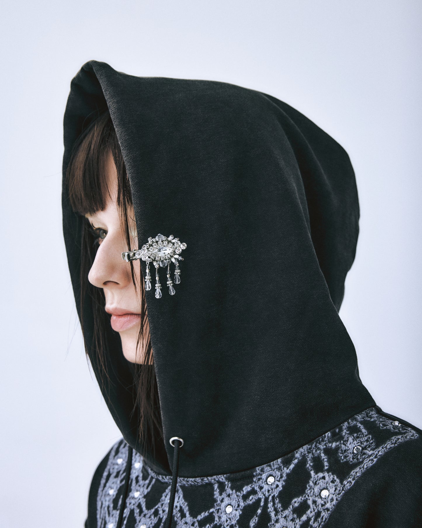 【STUDIOUS Special item】rhombus metal print bijou hoodie Black【Stock】