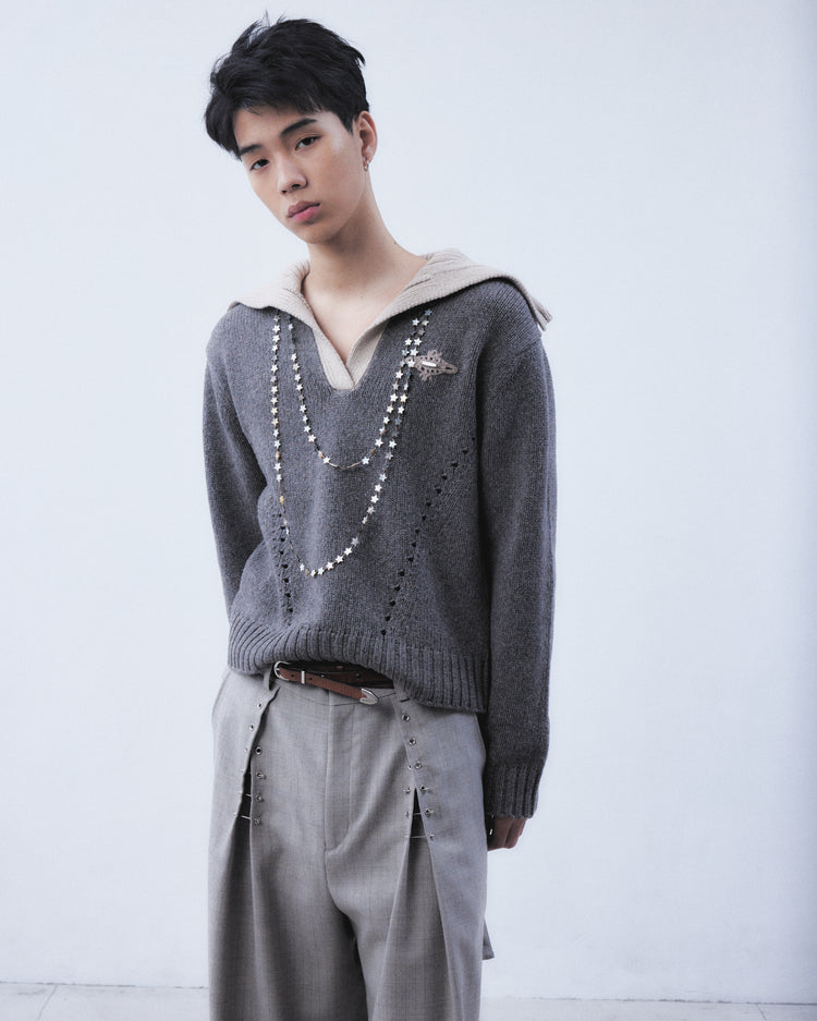 big collar knit pullover Smoky brown【Stock】