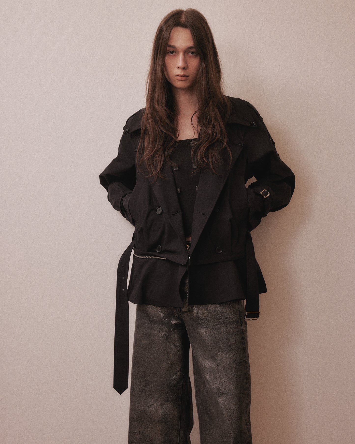 Beads epolette peplum trench jacket Black【Delivery in January 2027】