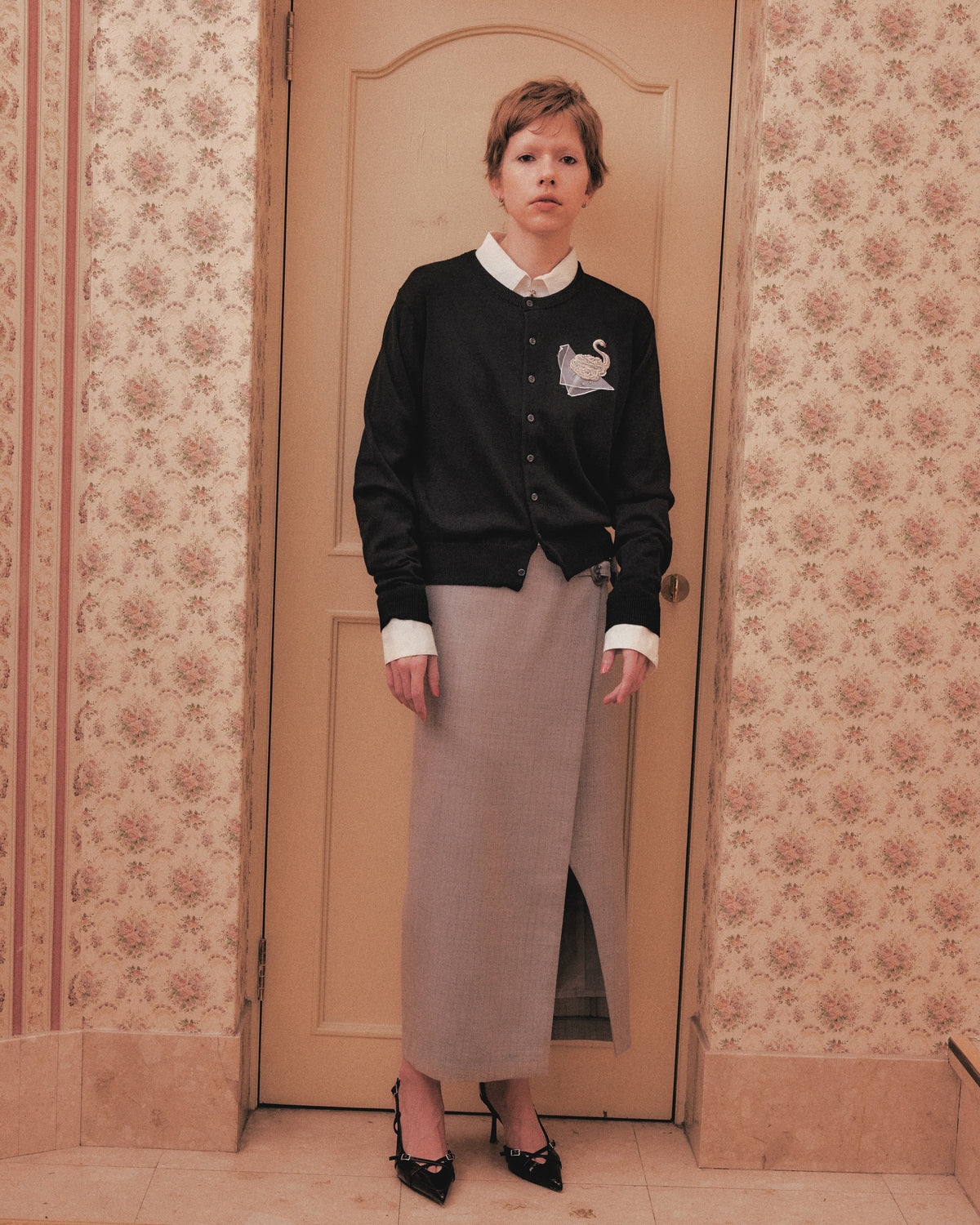 metal buckle stripe wool wrap skirt Greige【stock】