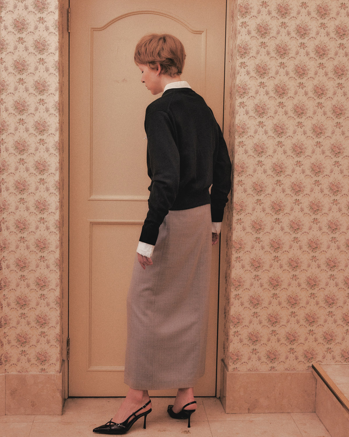 metal buckle stripe wool wrap skirt Greige【stock】