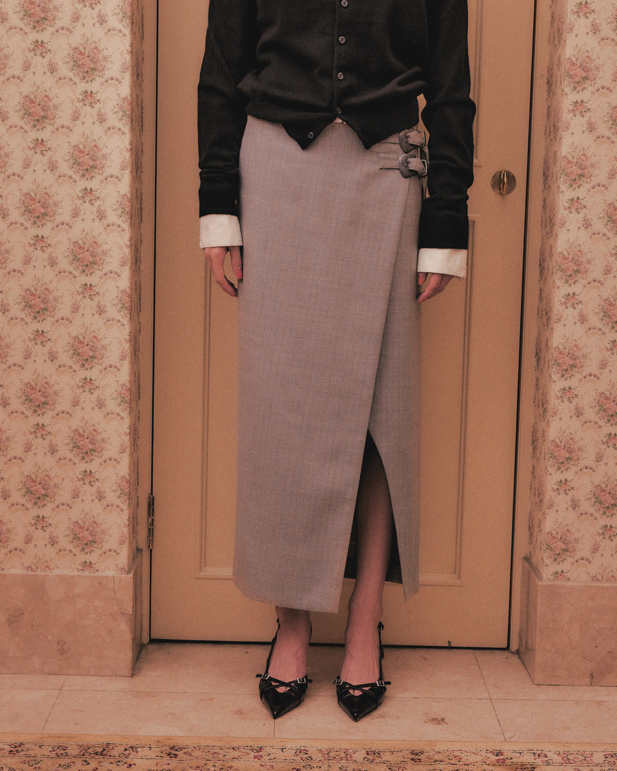 metal buckle stripe wool wrap skirt Greige【stock】