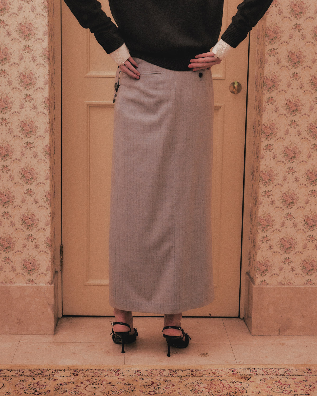 metal buckle stripe wool wrap skirt Greige【stock】
