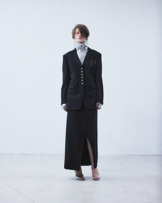 metal buckle stripe wool wrap skirt Black【Delivery in July 2026】