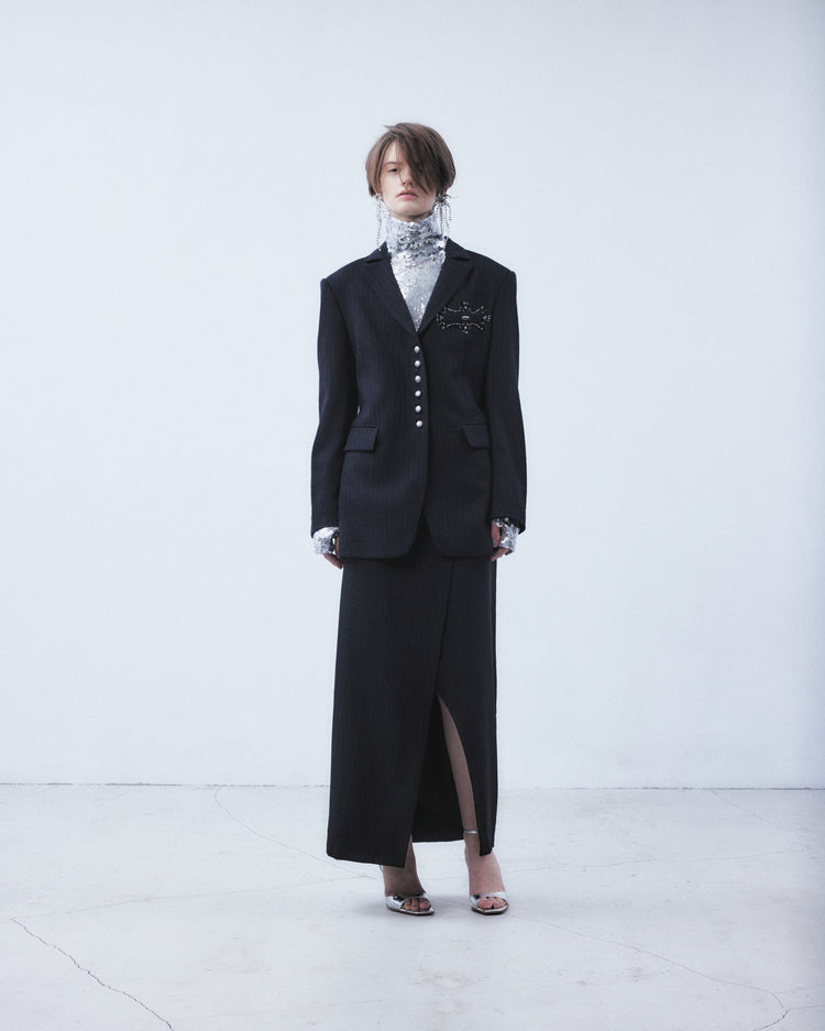 metal buckle stripe wool wrap skirt Black【stock】