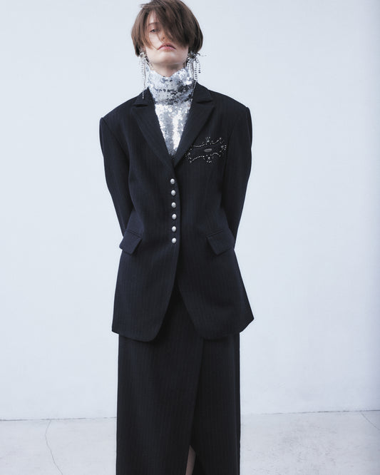 metal embroidery stripe wool jacket Black【Delivery in July 2026】